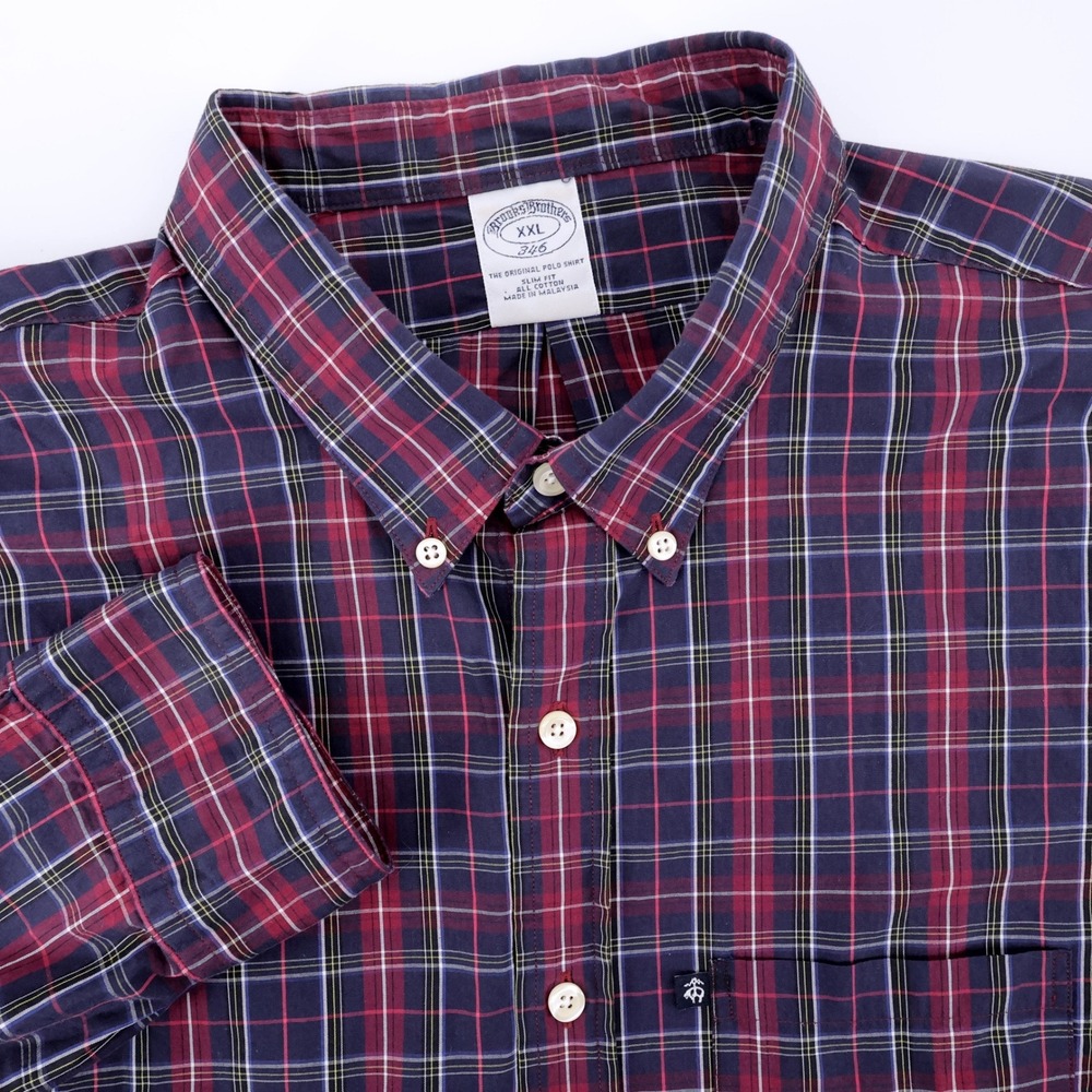 Brooks Brothers 346 Slim Fit Plaid Shirt Navy Burgundy Long Sleeve Mens XXL